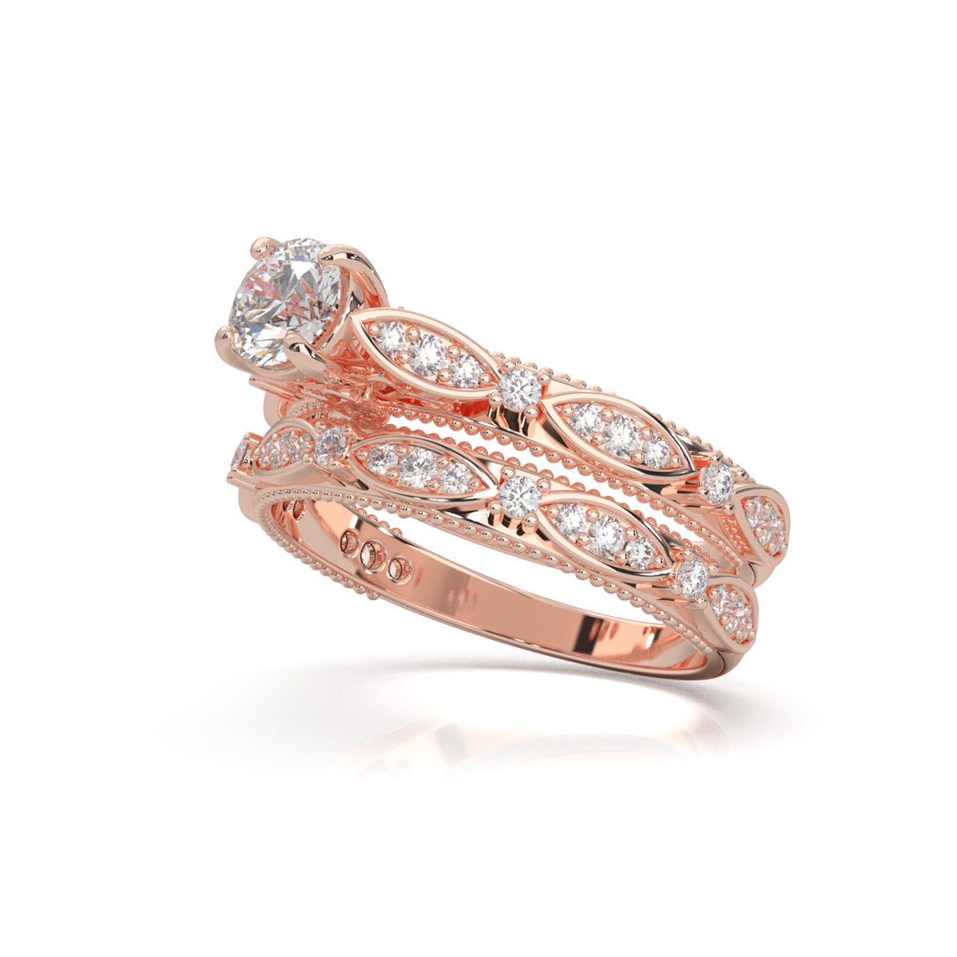 1.10 ct Moissanite Round Cut Vinage Styled Engagement Set in 14k Rose Gold