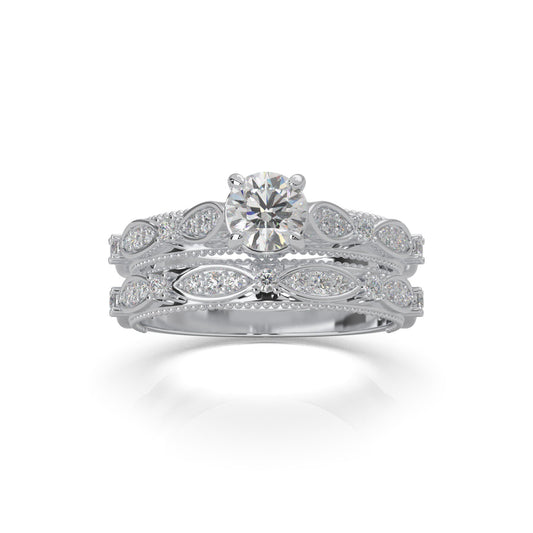1.10 ct Natural Diamond Round Cut Vinage Styled Engagement Set in 10k White Gold