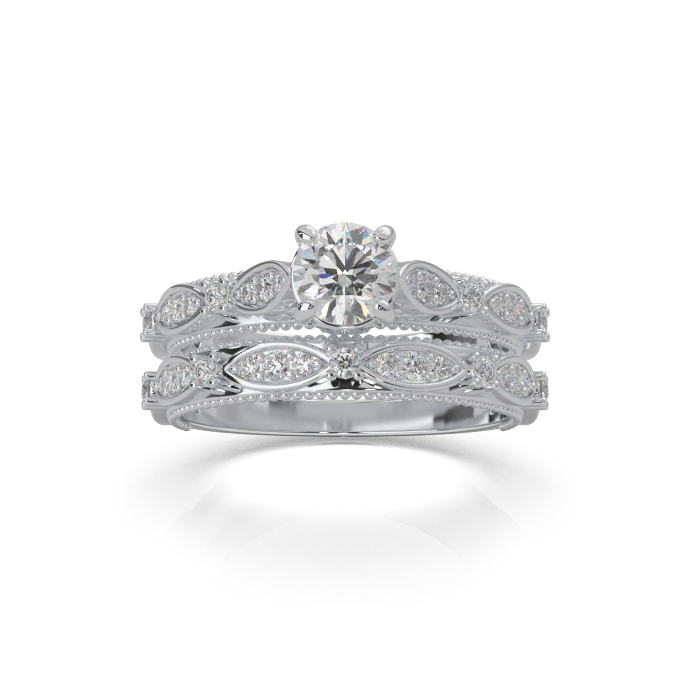 1.10 ct Natural Diamond Round Cut Vinage Styled Engagement Set in 14k White Gold