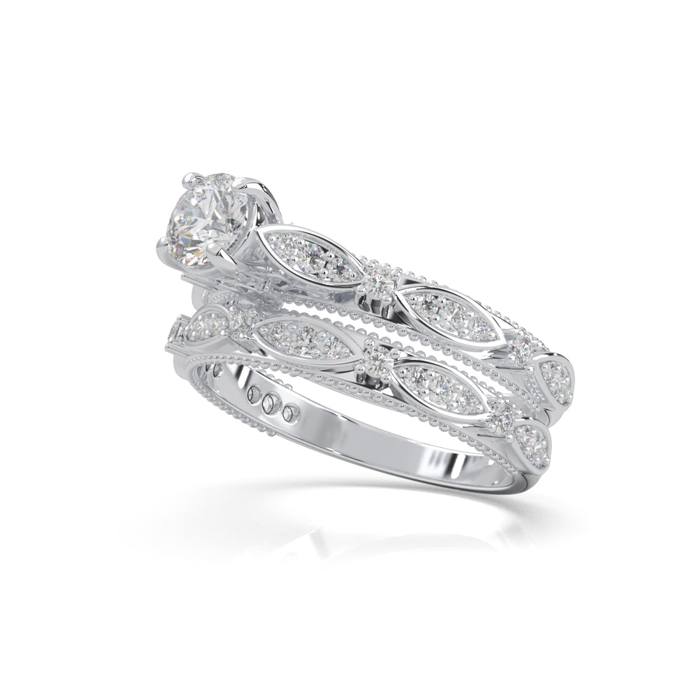 1.10 ct Lab Grown Diamond Round Cut Vinage Styled Engagement Set in 14k White Gold