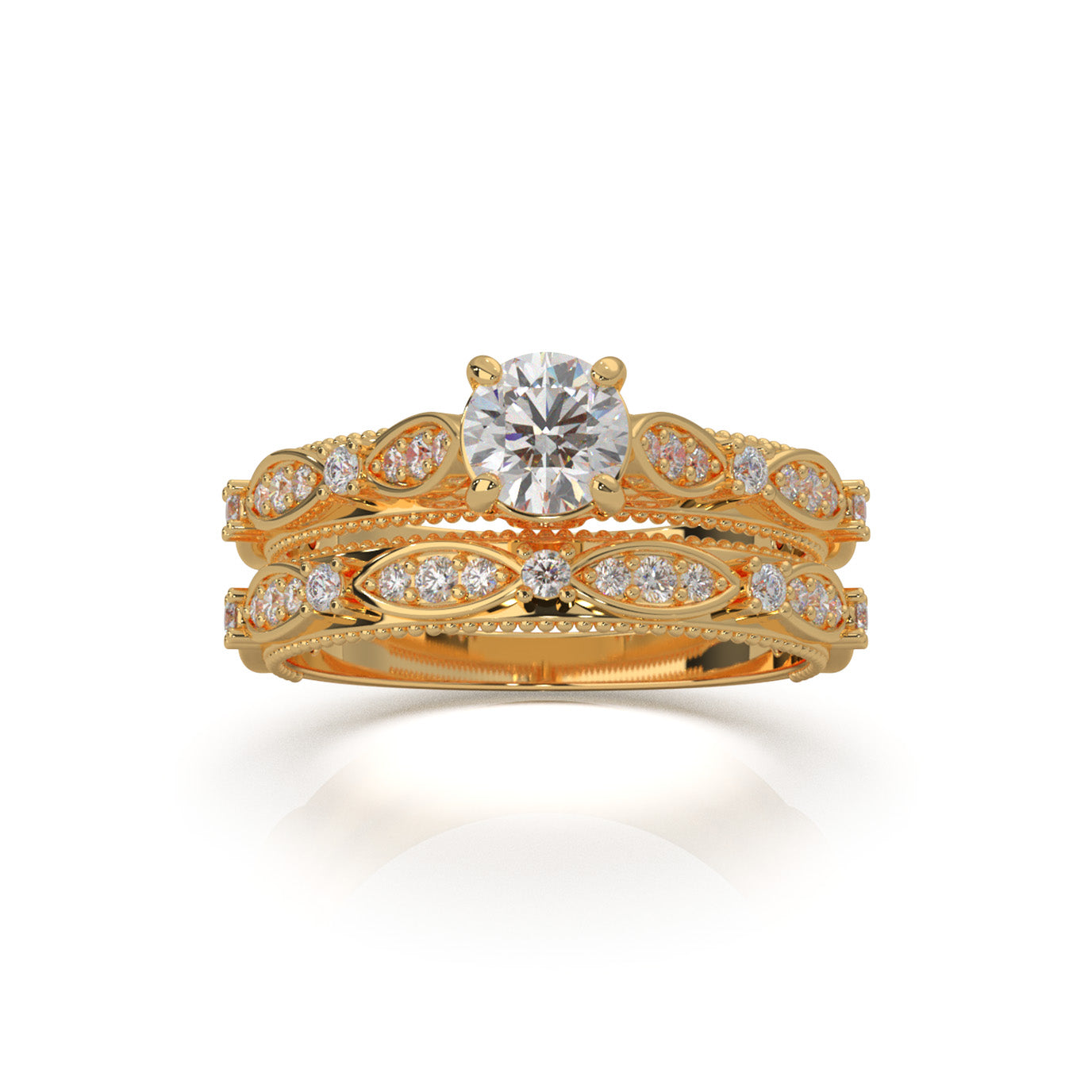 1.10 ct Natural Diamond Round Cut Vinage Styled Engagement Set in 14k Yellow Gold