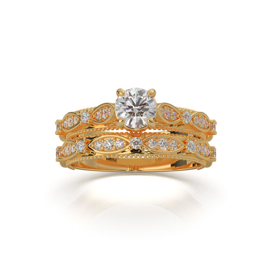 1.10 ct Moissanite Round Cut Vinage Styled Engagement Set in 14k Yellow Gold