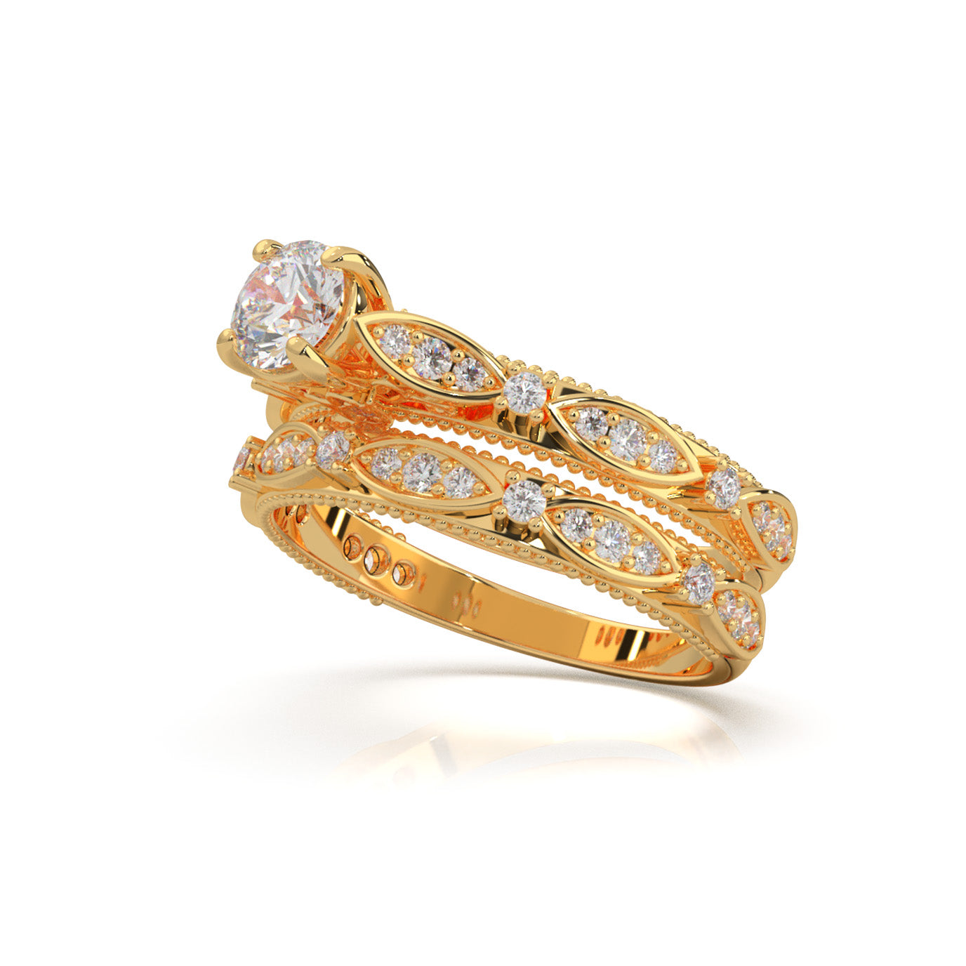 1.10 ct Moissanite Round Cut Vinage Styled Engagement Set in 14k Yellow Gold