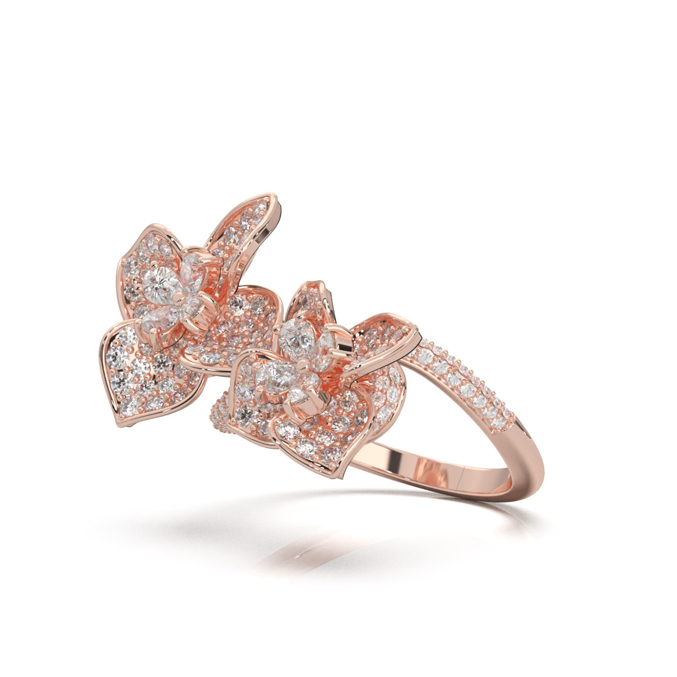 2.70 ct Moissanite Round Cut Dual Flower Promise Ring in 14k Rose Gold