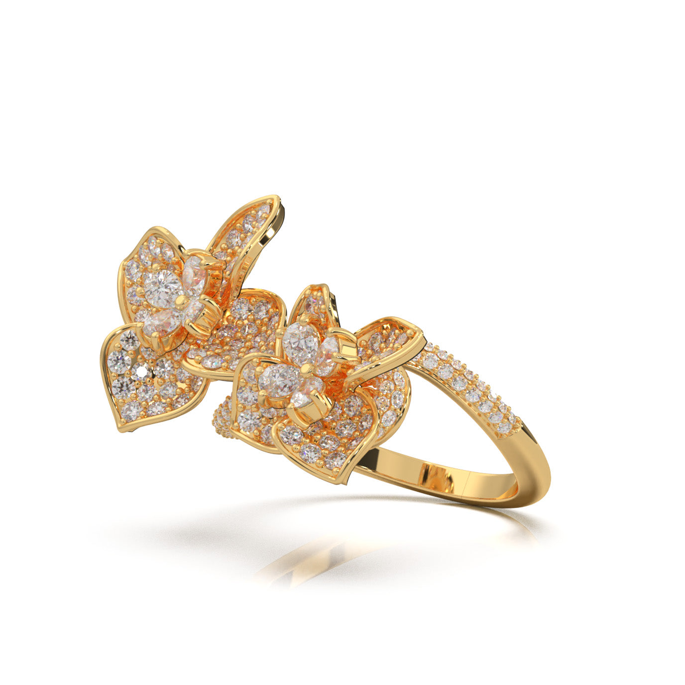 2.70 ct Moissanite Round Cut Dual Flower Promise Ring in 14k Yellow Gold
