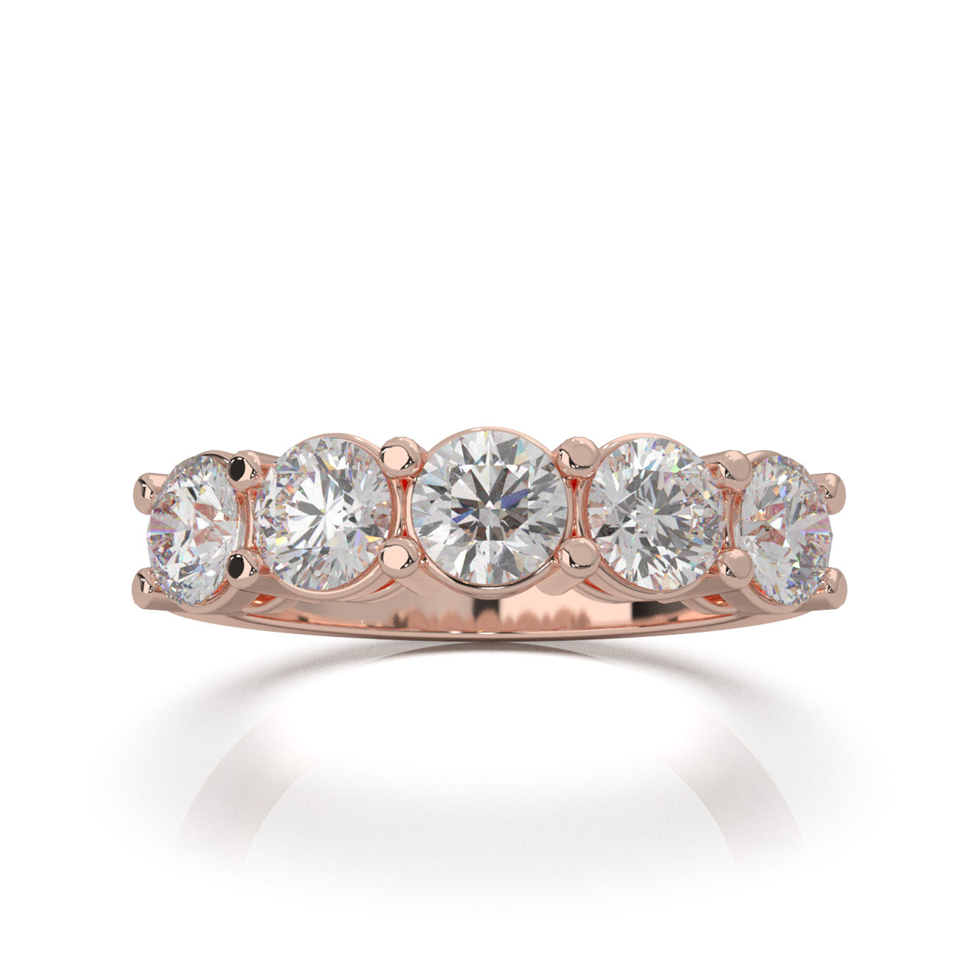 2.00 ct Moissanite Round Cut Classic 5 Stone Shared Prong Wedding Band in 10k Rose Gold