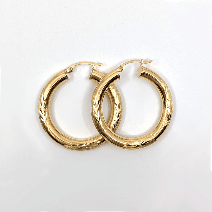 10k Yellow Gold Diamond Cut Medium Hoop Earrings (W: 35mm)