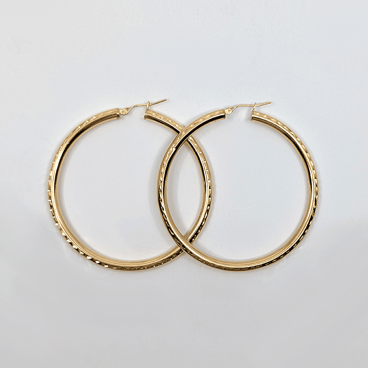 10k Yellow Gold Diamond Cut Medium Hoop Earrings (W: 59mm)