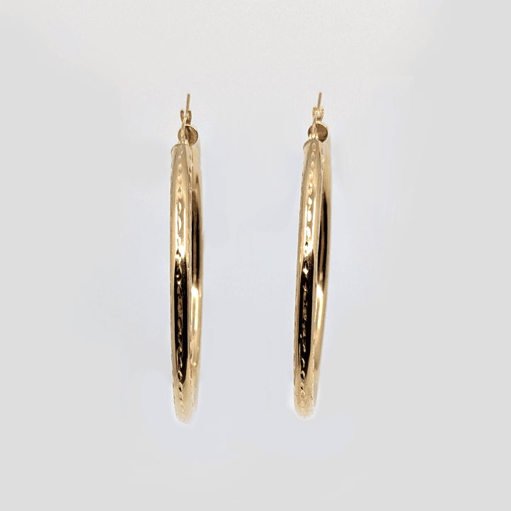 10k Yellow Gold Diamond Cut Medium Hoop Earrings (W: 59mm)
