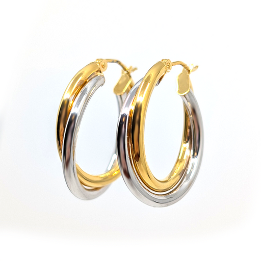 A medium hoop earring with both 10k yellow and white gold intertwined. 26.4mm Diameter, 4.5mm Thickness
