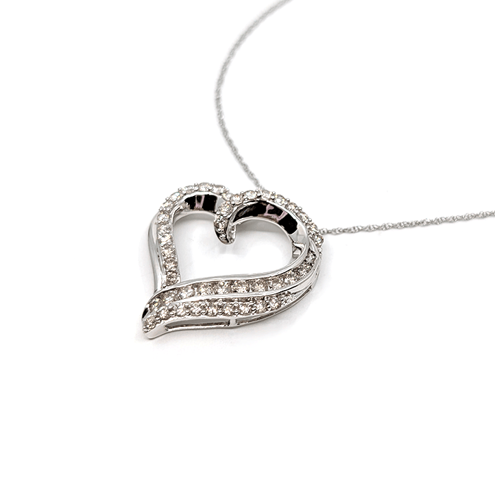 A 10k white gold necklace with a 1ctw natural diamond heart pendant design. 