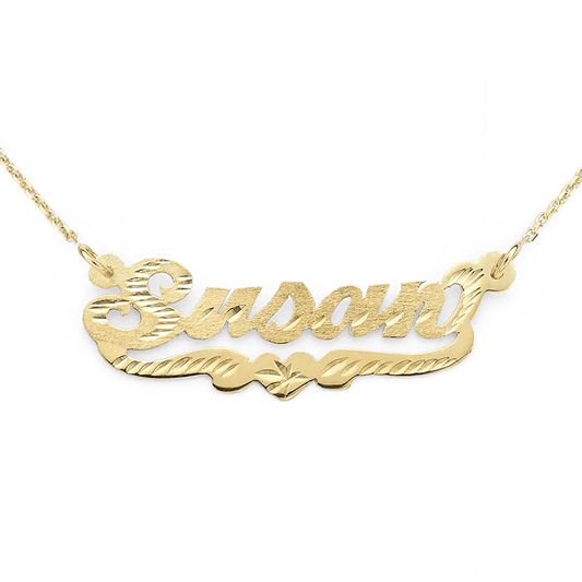 Custom 14k Gold Brushed and Cut Heart Tail Name Necklace