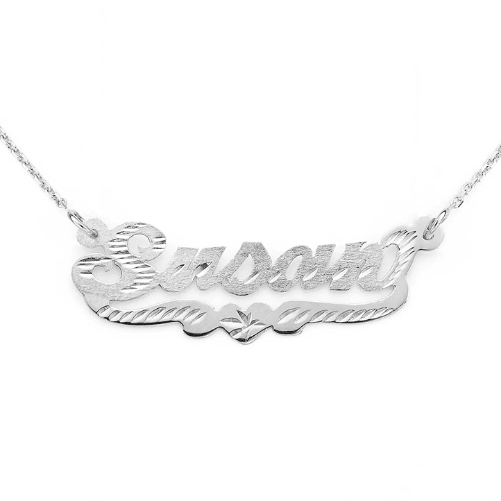 Custom 14k Gold Brushed and Cut Heart Tail Name Necklace