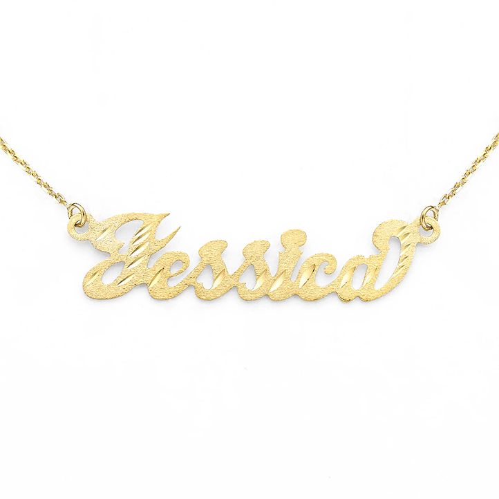Custom 14k Gold Brushed and Cut Script Gold Name Necklace