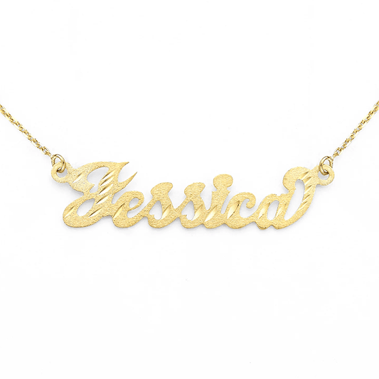 Custom 14k Gold Brushed and Cut Script Gold Name Necklace