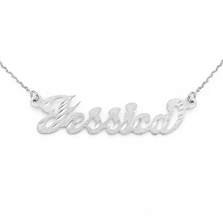 Custom 14k Gold Brushed and Cut Script Gold Name Necklace