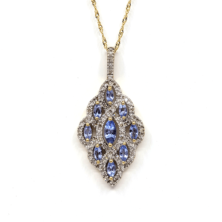 A 10k yellow gold necklace with a 0.75ctw natural diamond pendant design. Length: 18"