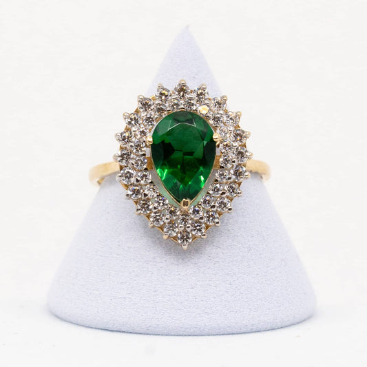 Vintage 10k Gold Pear-Cut Synthetic Emerald Ring with Cubic Zirconia Halo