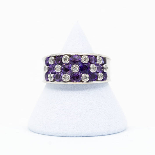 Vintage 14k White Gold Band Checkered with Amethyst & Diamond