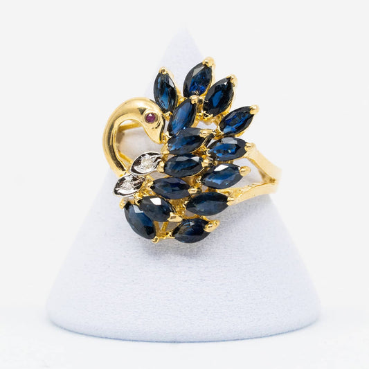 Vintage 14k Yellow Gold Swan Ring with Natural Sapphire & Diamond