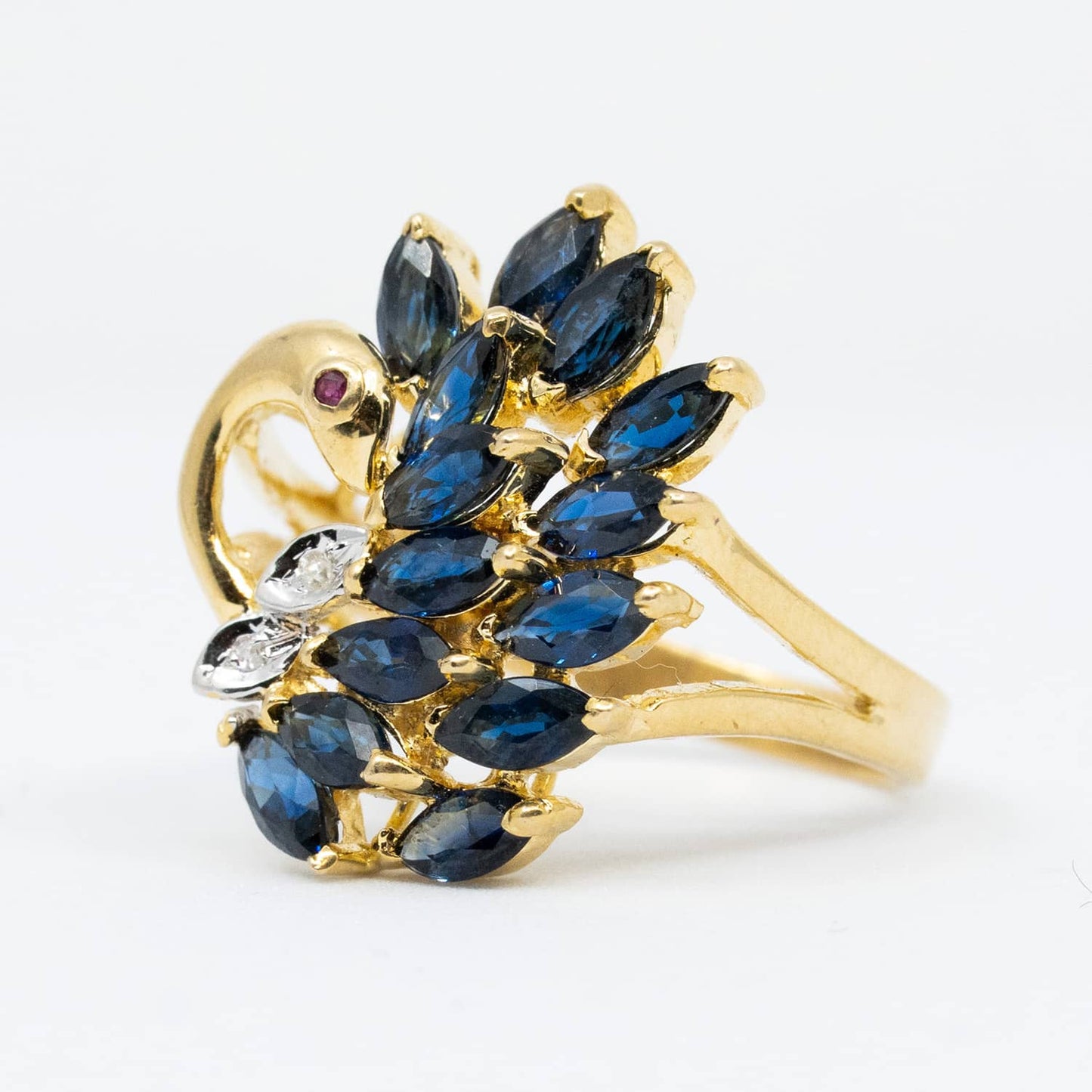 Vintage 14k Yellow Gold Swan Ring with Natural Sapphire & Diamond
