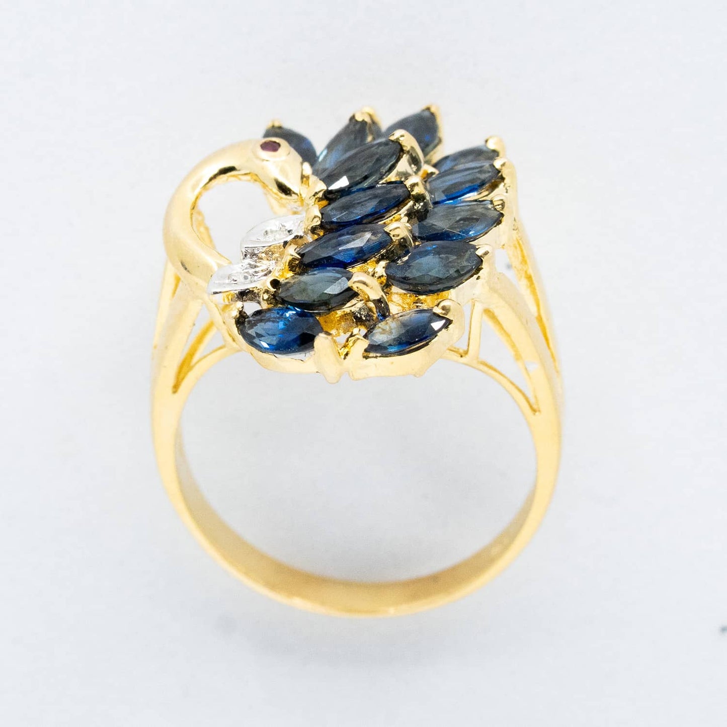 Vintage 14k Yellow Gold Swan Ring with Natural Sapphire & Diamond