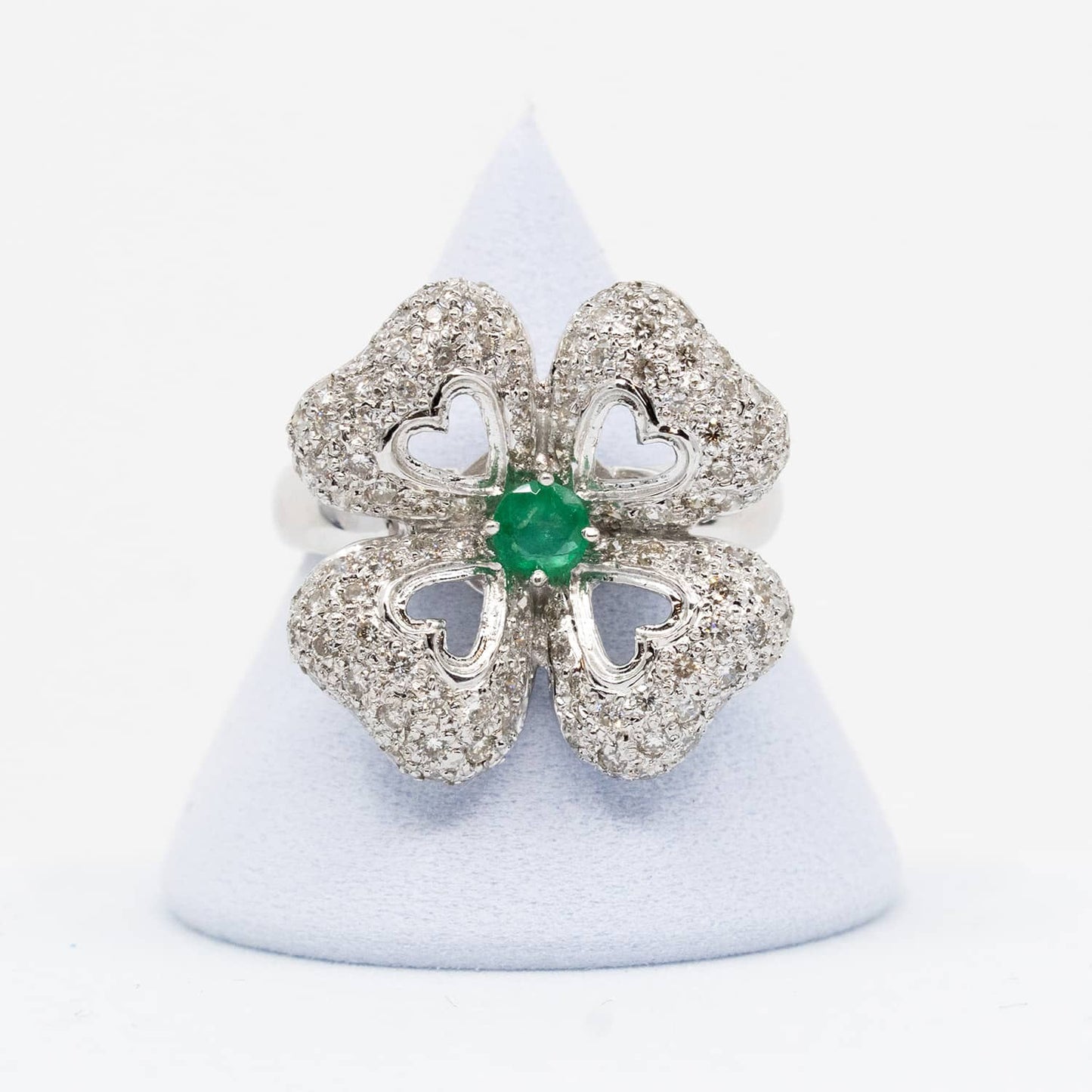 Vintage 14k White Gold Emerald Clover Ring with Diamonds
