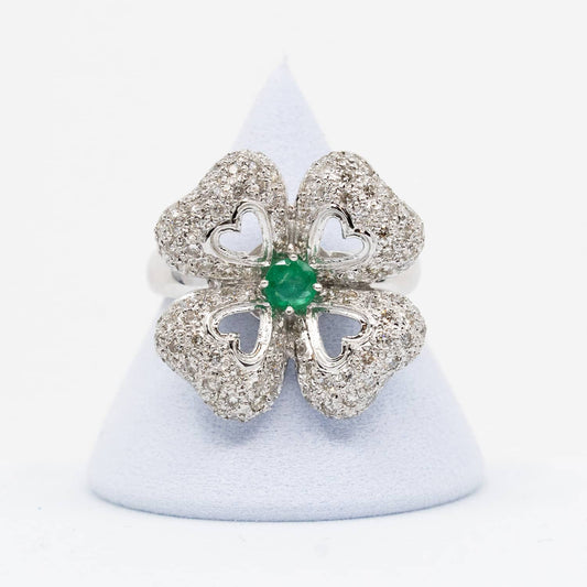 Vintage 14k White Gold Emerald Clover Ring with Diamonds